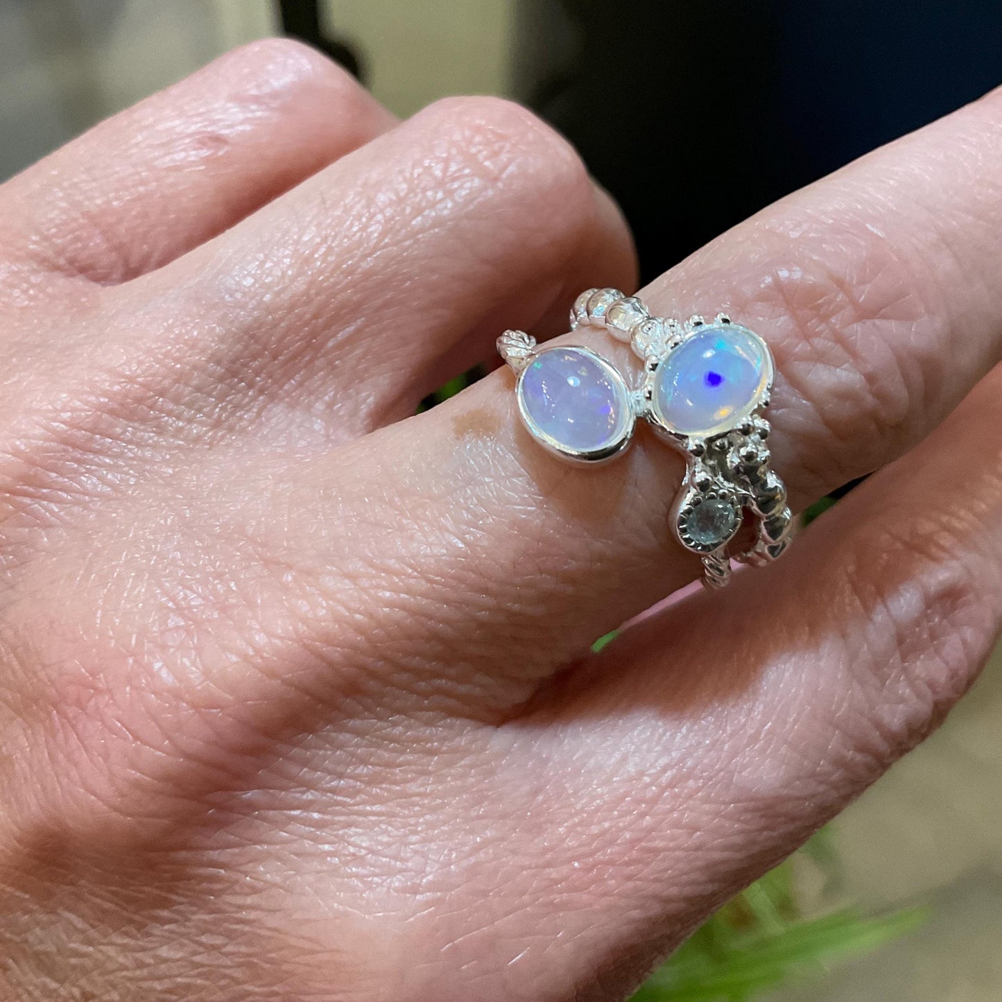 sterling silver Natural rainbow opal blue topaz ring 7.5