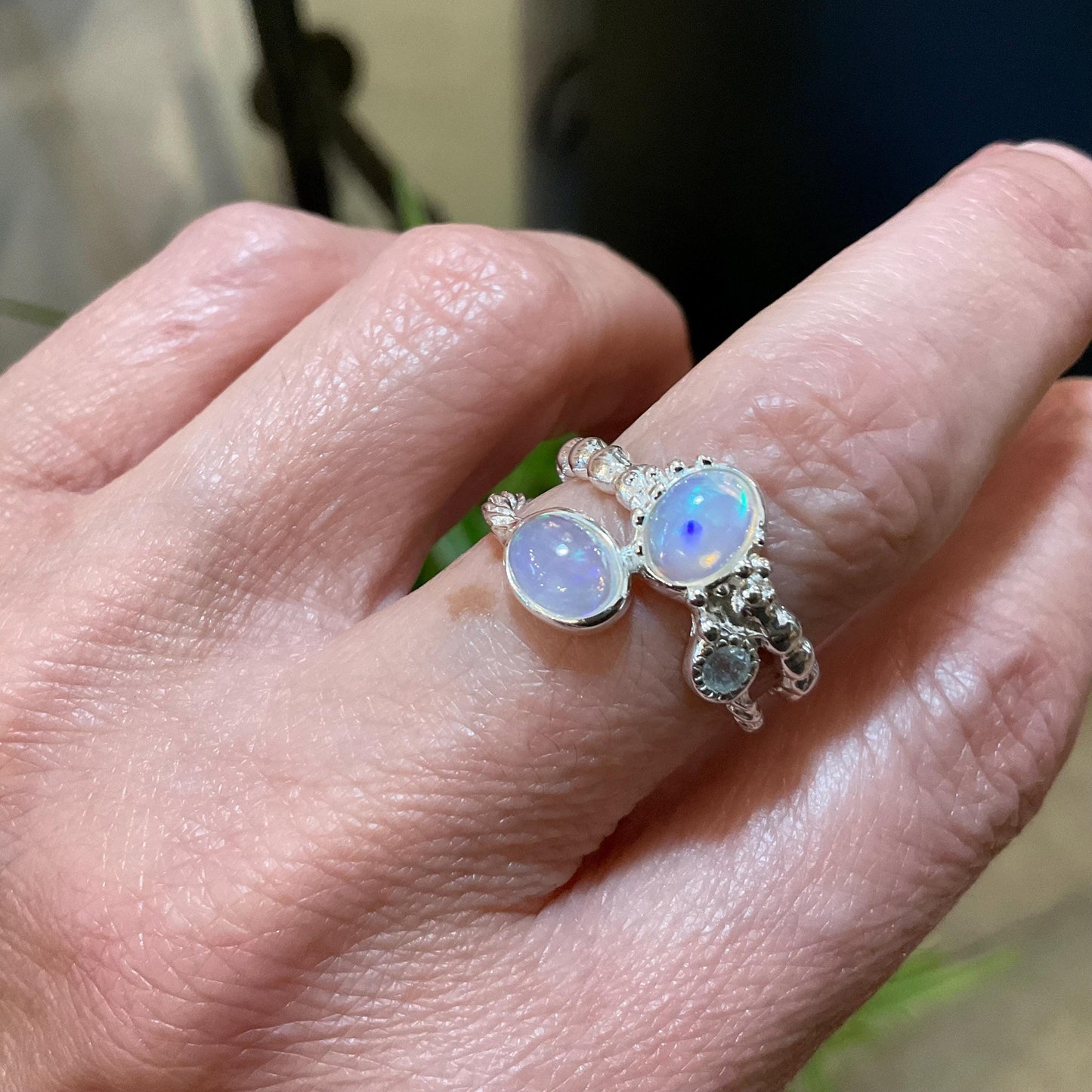 sterling silver Natural rainbow opal blue topaz ring 7.5