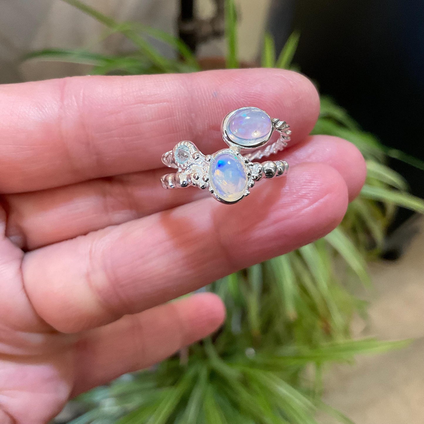 sterling silver Natural rainbow opal blue topaz ring 7.5