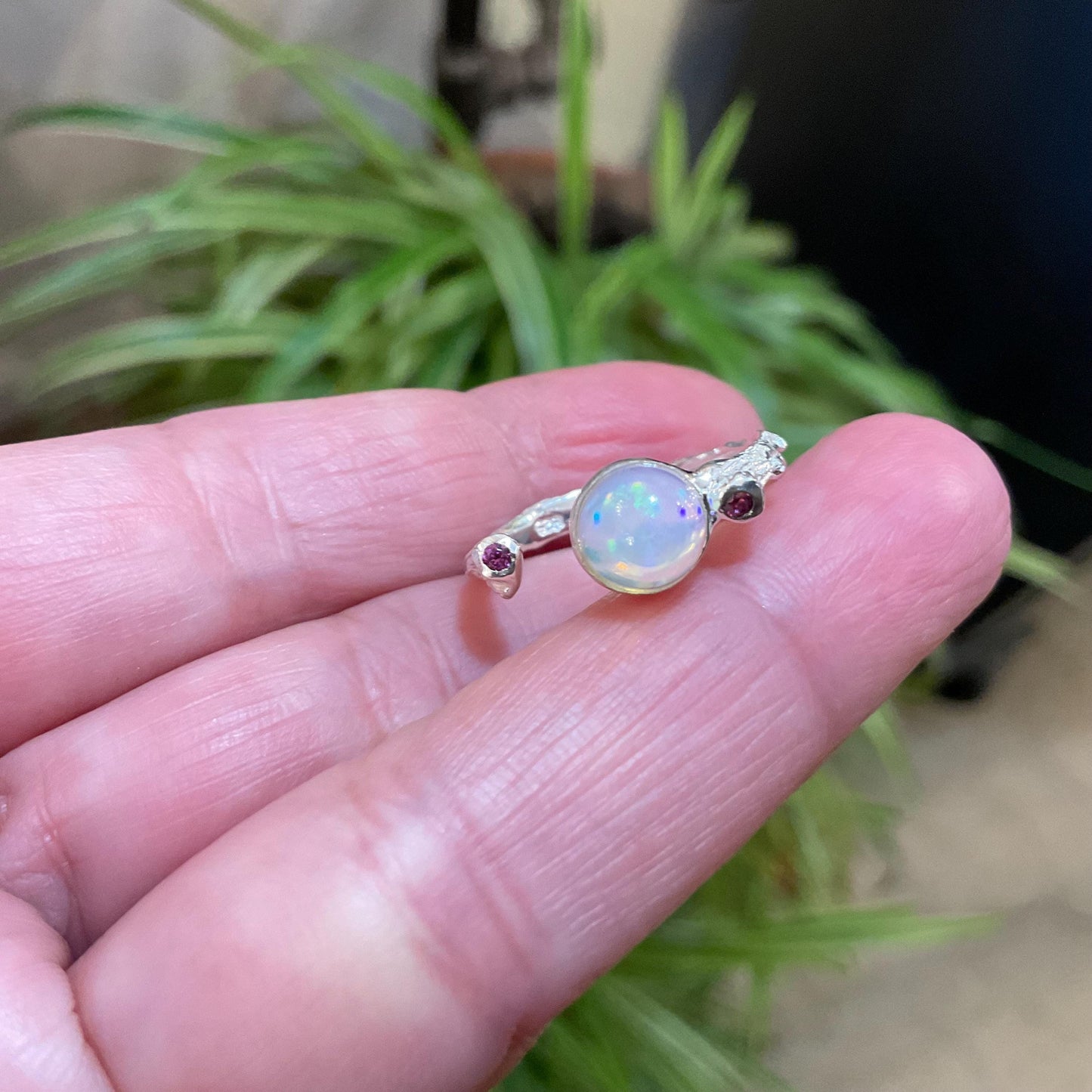 Sterling Silver Handmade rainbow  Opal amethyst dainty twig ring 5 6 7