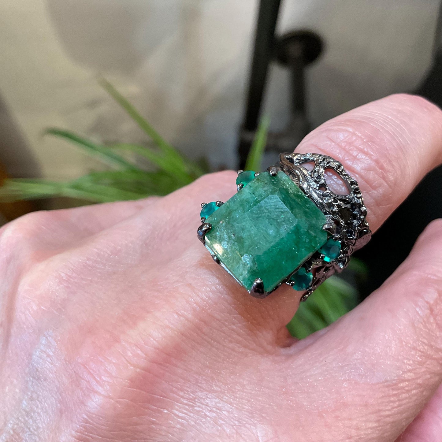 Sterling silver emerald cut green beryl band green onyx Etnika ring 6.5