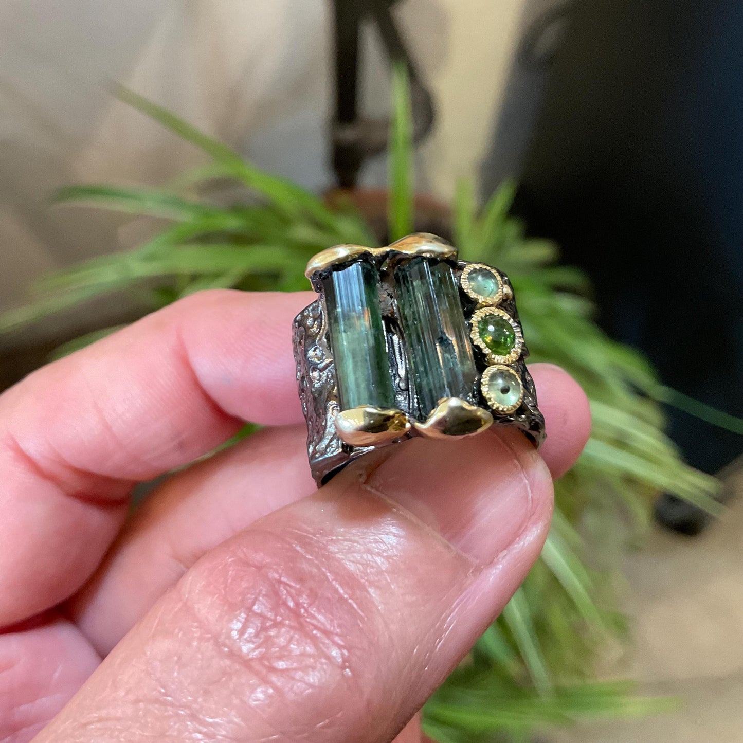 Sterling Silver Natural Green tourmaline peridot  band Ring 8