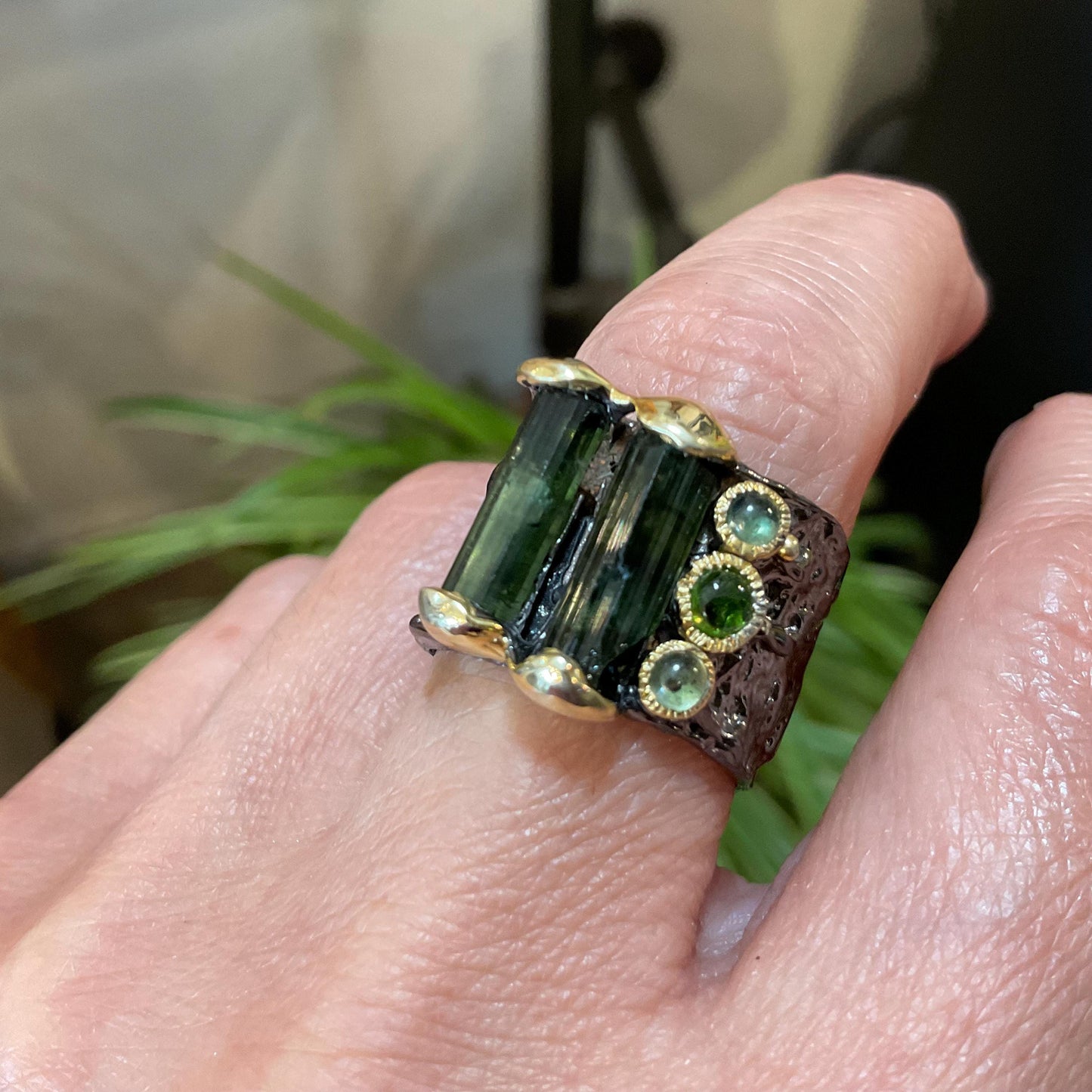 Sterling Silver Natural Green tourmaline peridot  band Ring 8