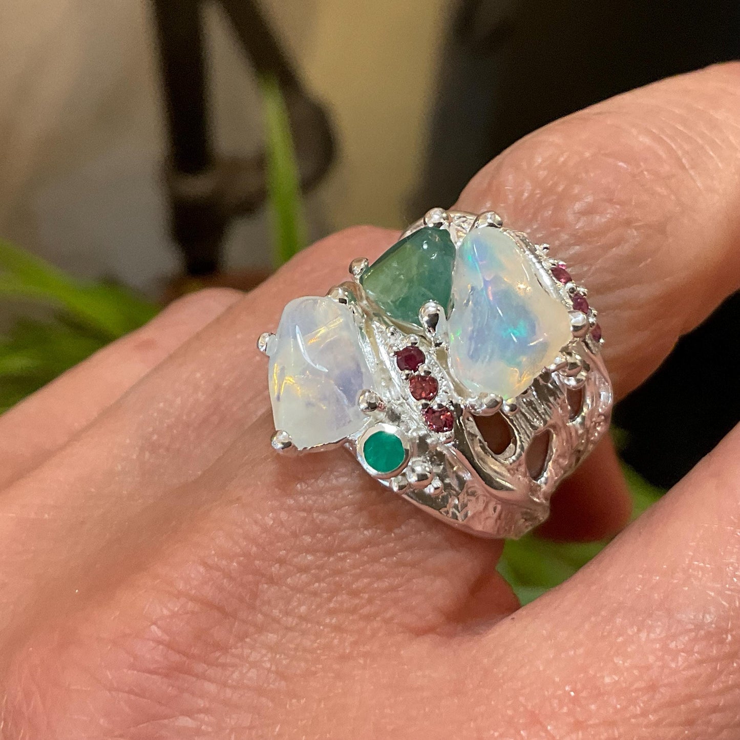 sterling silver rainbow natural rough rainbow rhodolite tourmaline opal band ring 8