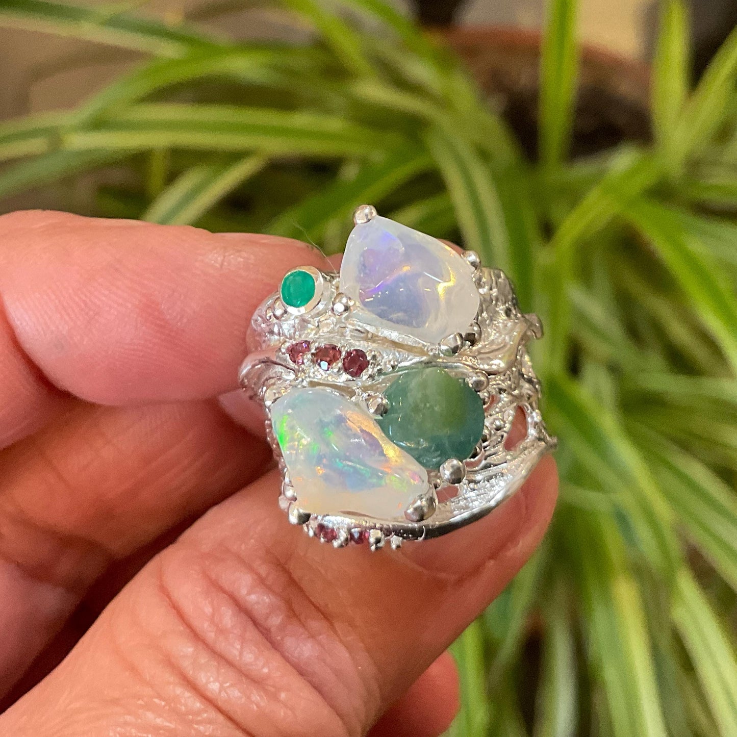 sterling silver rainbow natural rough rainbow rhodolite tourmaline opal band ring 8