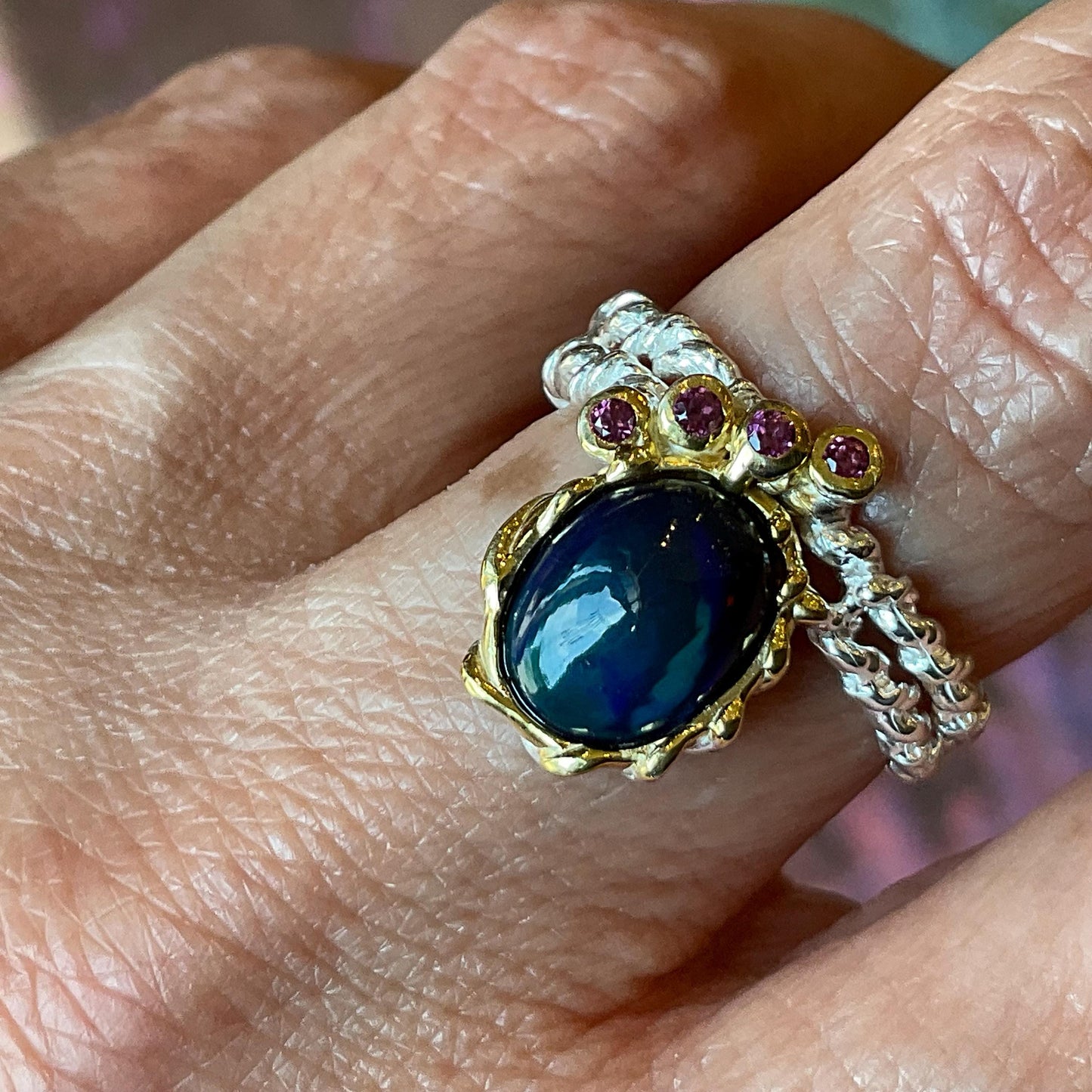Natural black blue fire opal rhodolite Sterling Silver Ring 7
