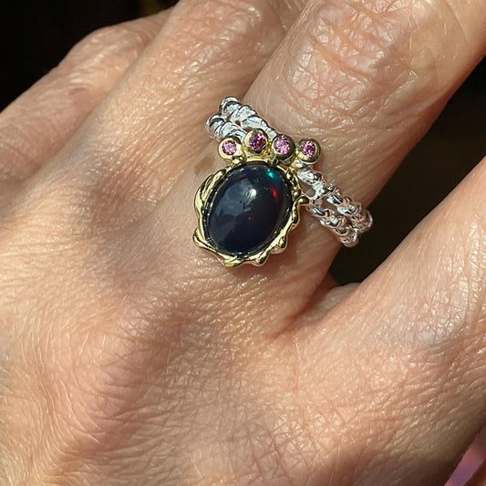 Natural black blue fire opal rhodolite Sterling Silver Ring 7
