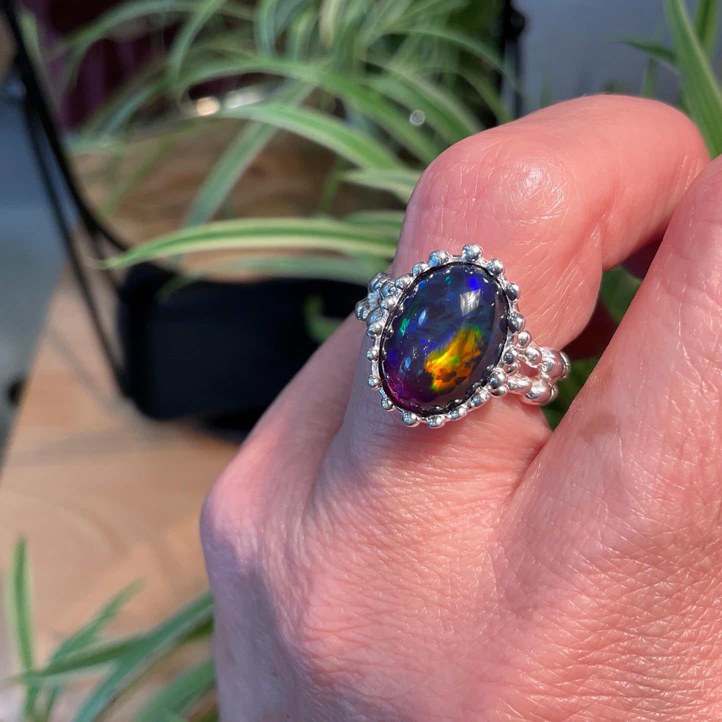 Natural black blue fire opal Sterling Silver Ring 5.5