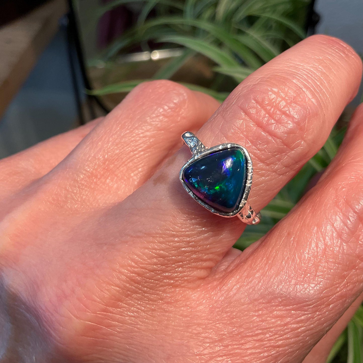 Natural black blue fire opal Sterling Silver Ring 7.5