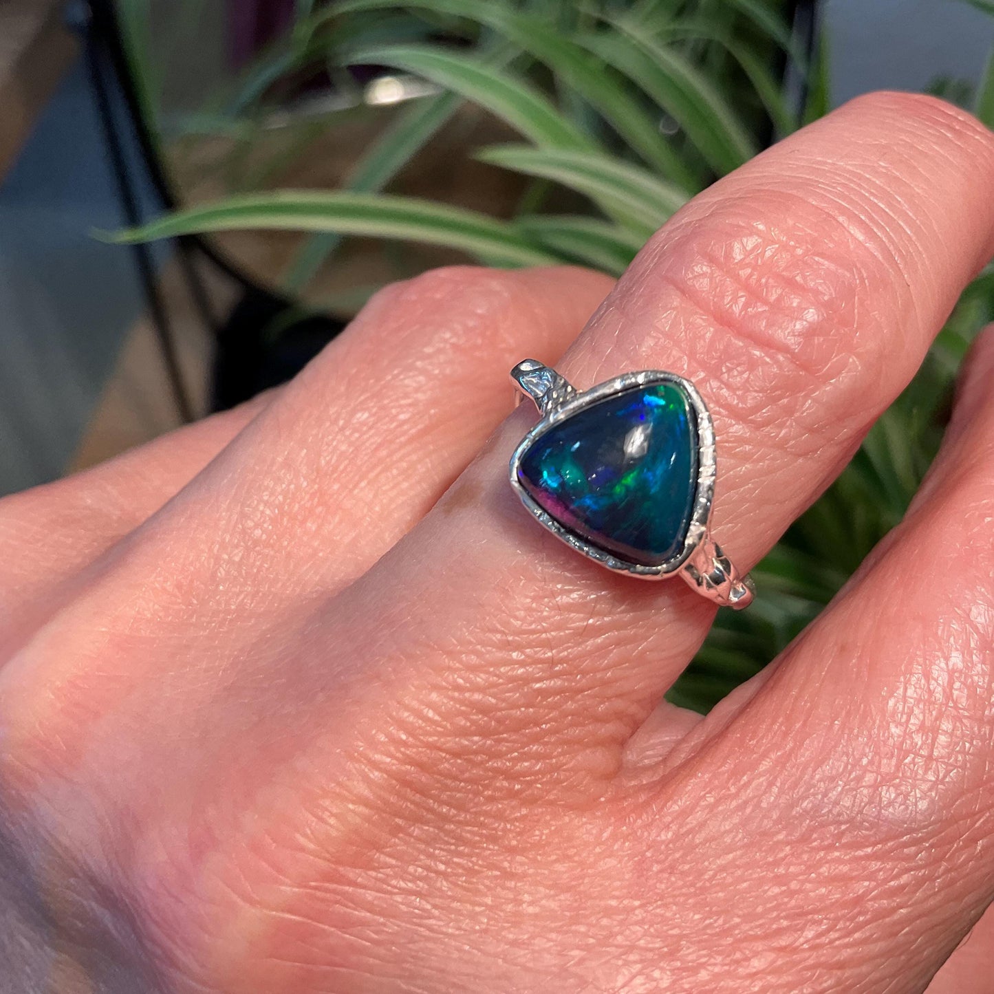 Natural black blue fire opal Sterling Silver Ring 7.5