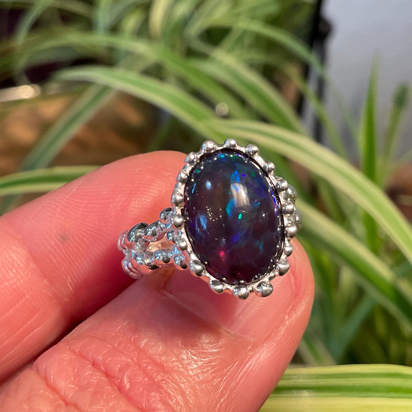 Natural black blue fire opal Sterling Silver Ring 5.5
