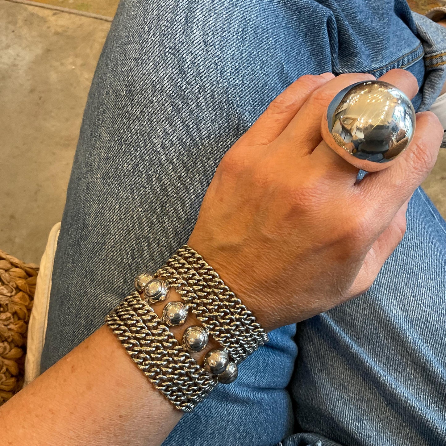 sterling silver modernist vintage dome heavy chain link wide Bracelet