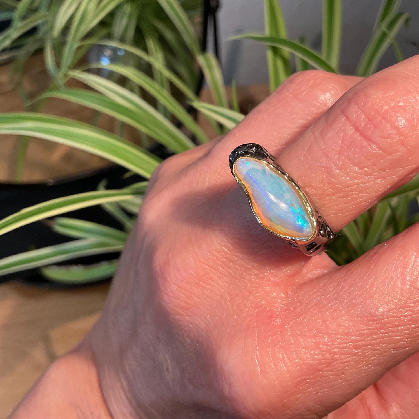 sterling silver natural rough fire opal square band ring 6.5