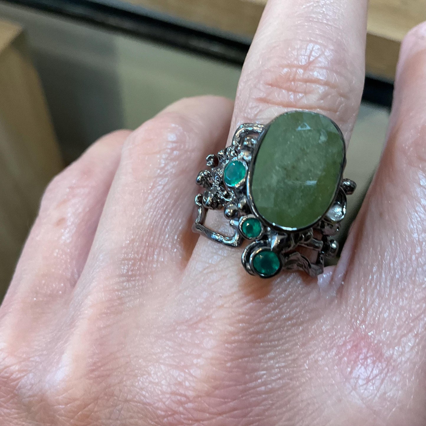 Sterling Silver green natural sapphire green onyx band cuff ring 7