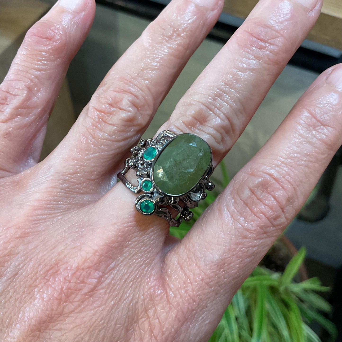 Sterling Silver green natural sapphire green onyx band cuff ring 7