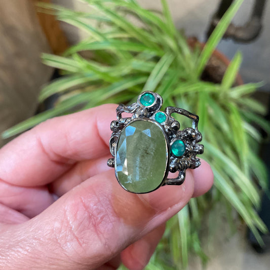 Sterling Silver green natural sapphire green onyx band cuff ring 7