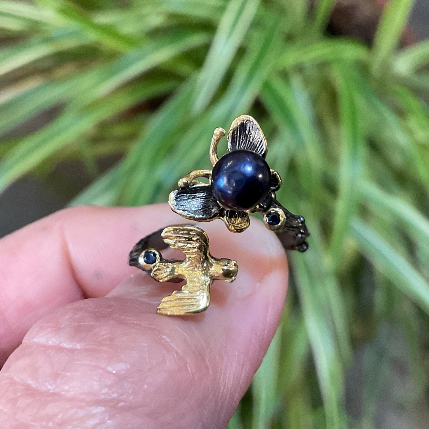 Sterling Silver Butterfly Ring: Black Pearl, Sapphire, Adjustable Bird