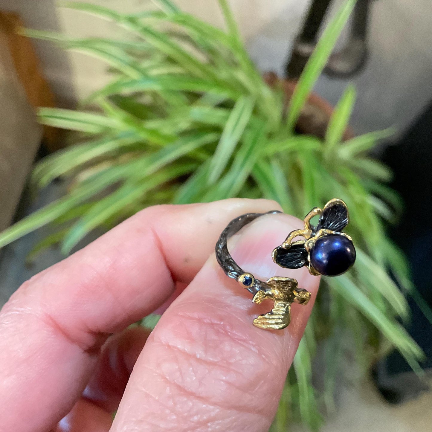 Sterling Silver Butterfly Ring: Black Pearl, Sapphire, Adjustable Bird