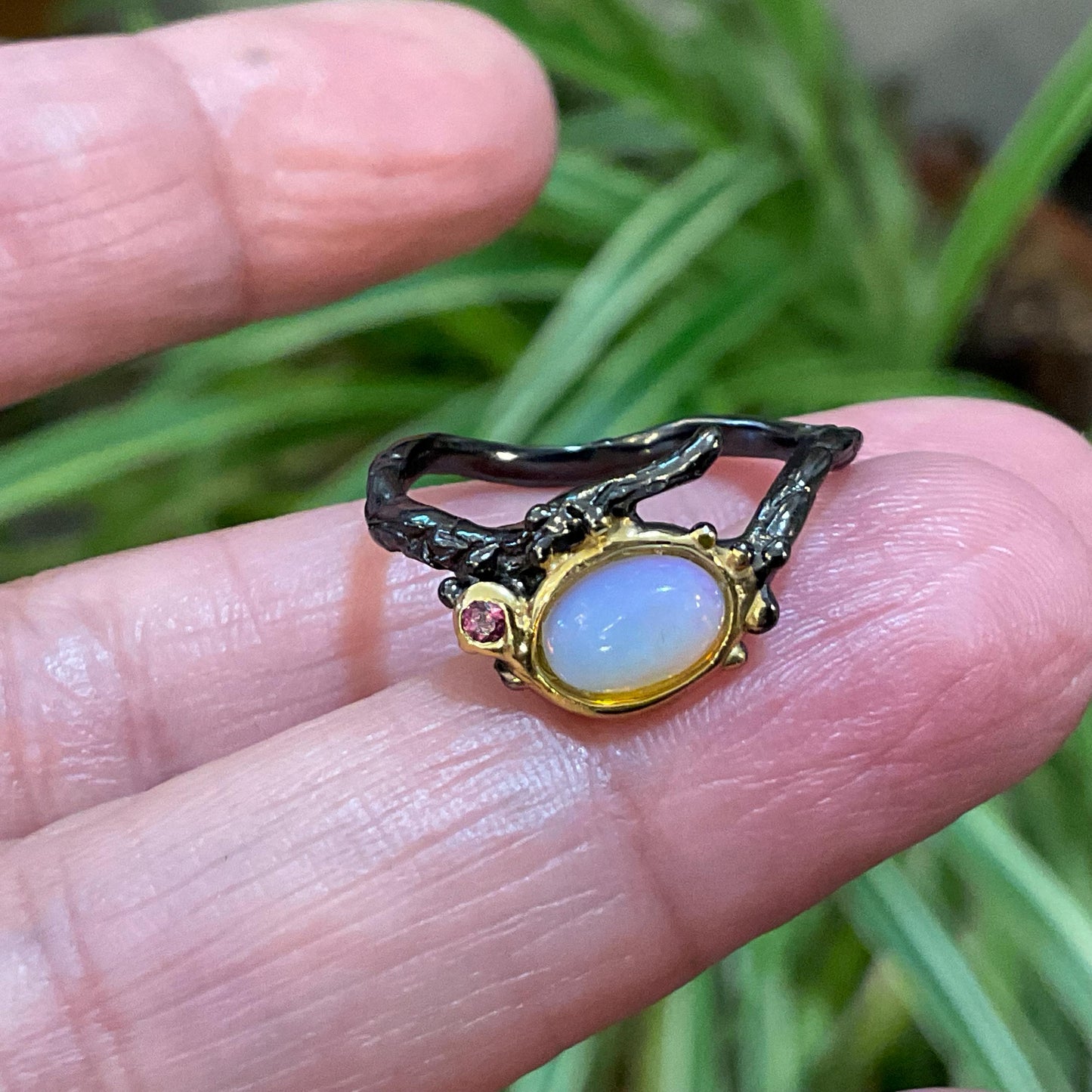 Sterling Silver Natural rainbow opal dainty organic twig Ring 6