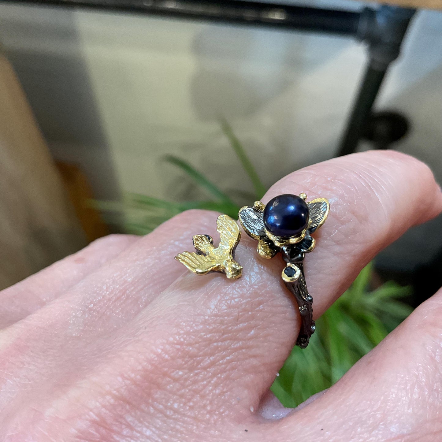 Sterling Silver Butterfly Ring: Black Pearl, Sapphire, Adjustable Bird