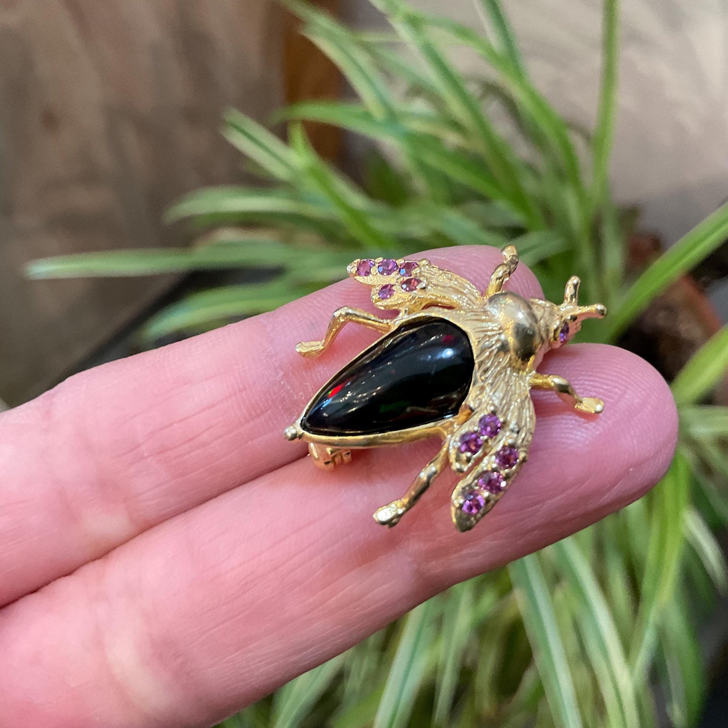 Sterling silver Statement amethyst black opal  gold brooch pin