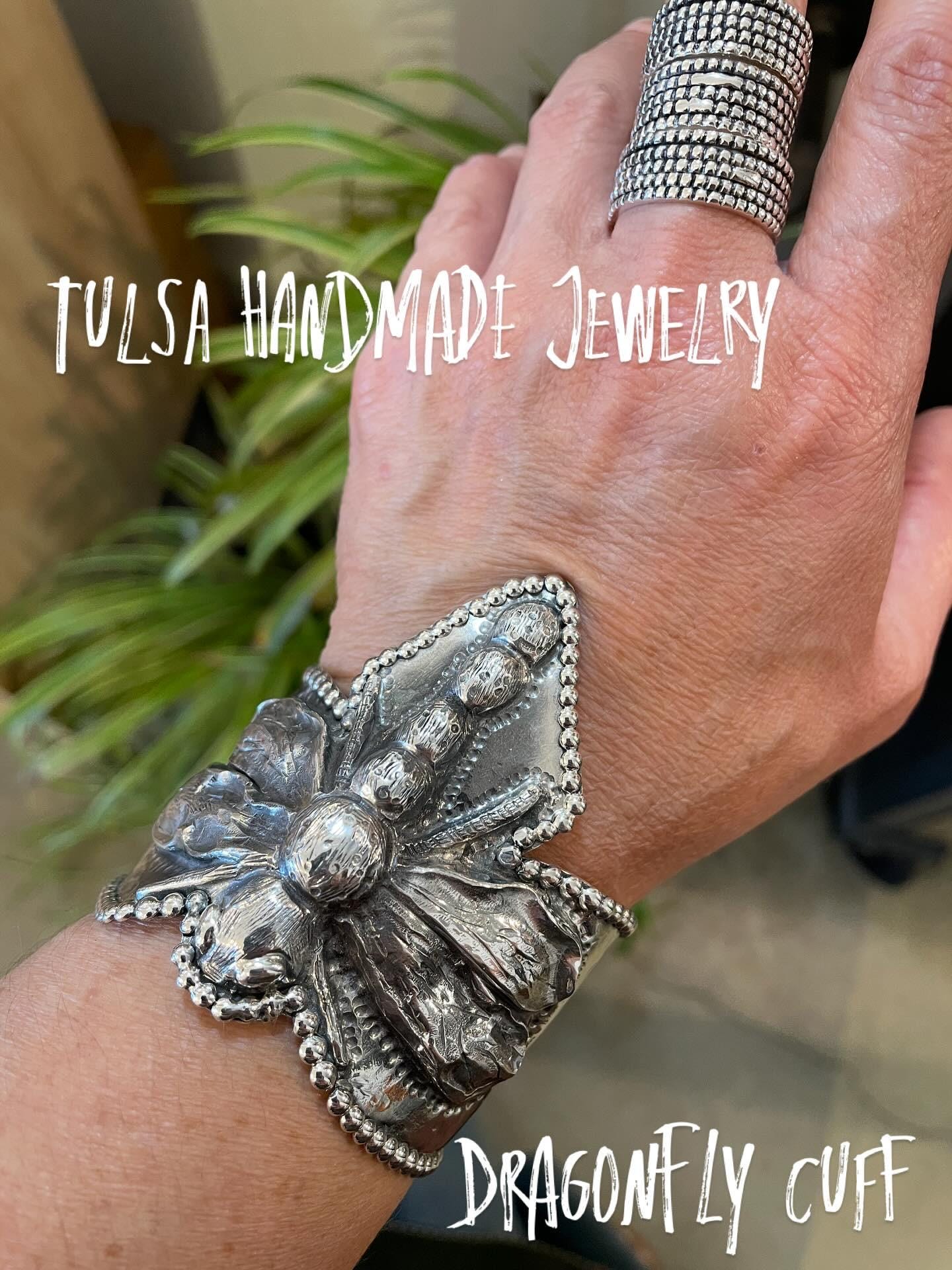 sterling silver repousse dragonfly bracelet artisan cuff