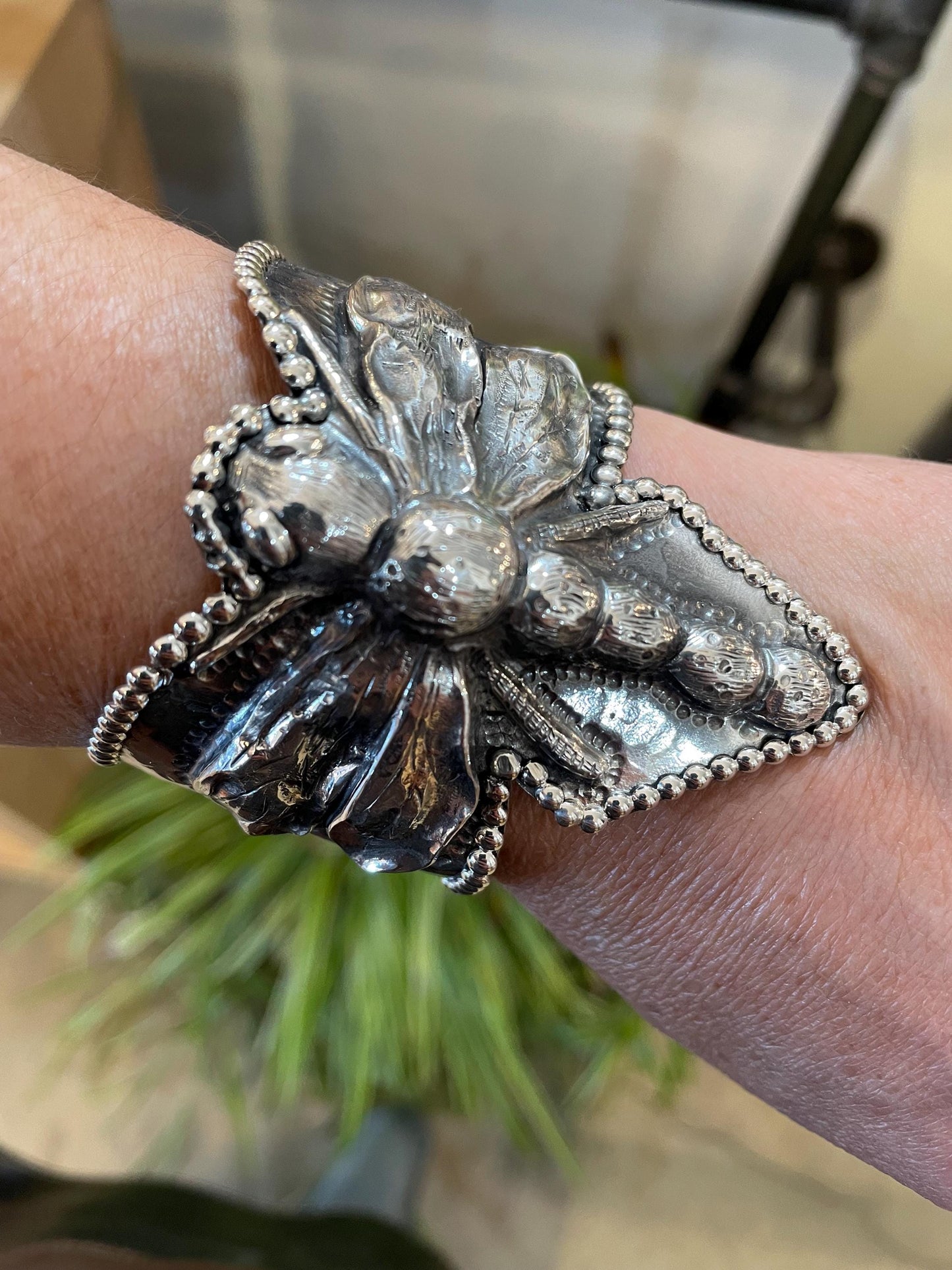 sterling silver repousse dragonfly bracelet artisan cuff