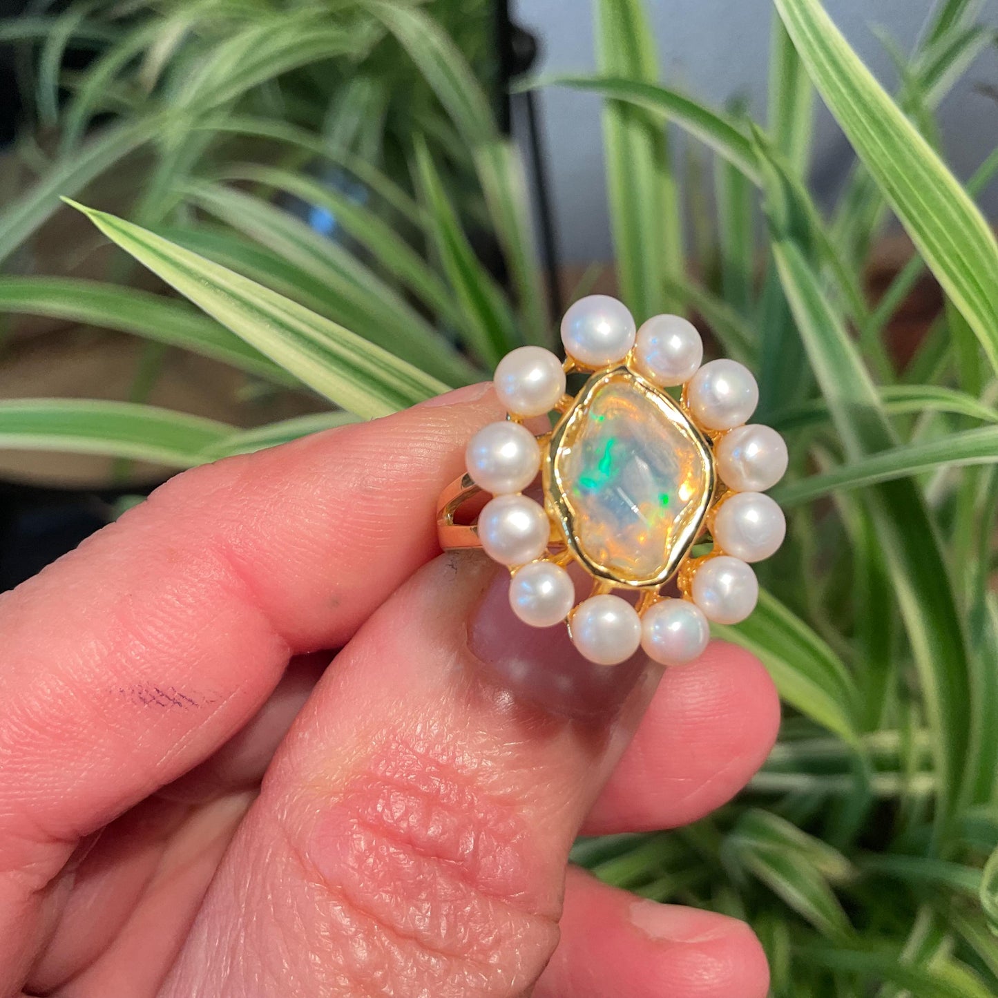 sterling silver white natural pearl dainty rainbow opal gold ring 6.5