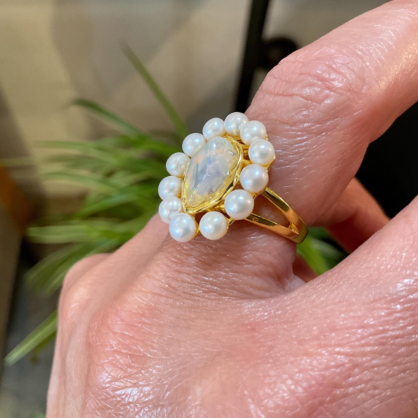 sterling silver white natural pearl dainty rainbow opal gold ring 6.5