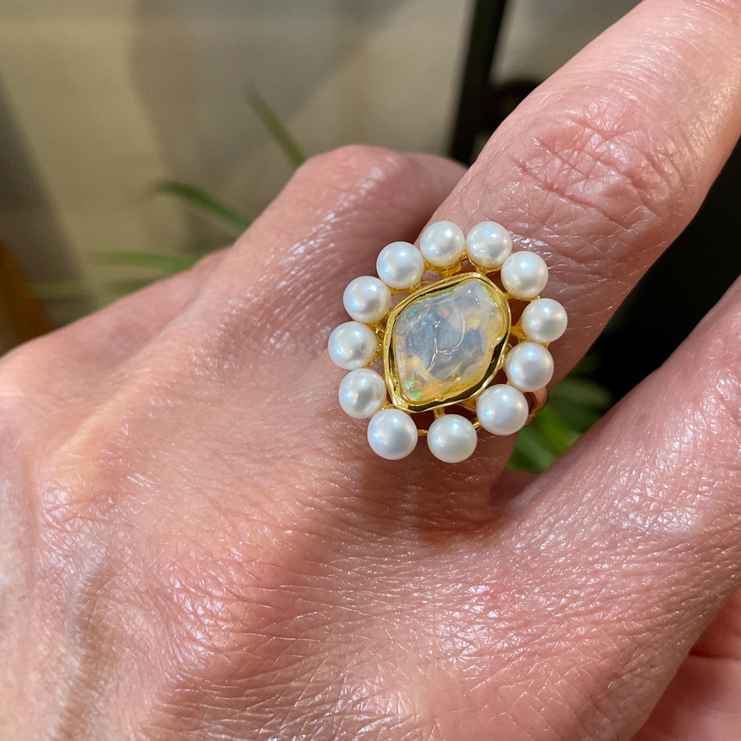 sterling silver white natural pearl dainty rainbow opal gold ring 6.5