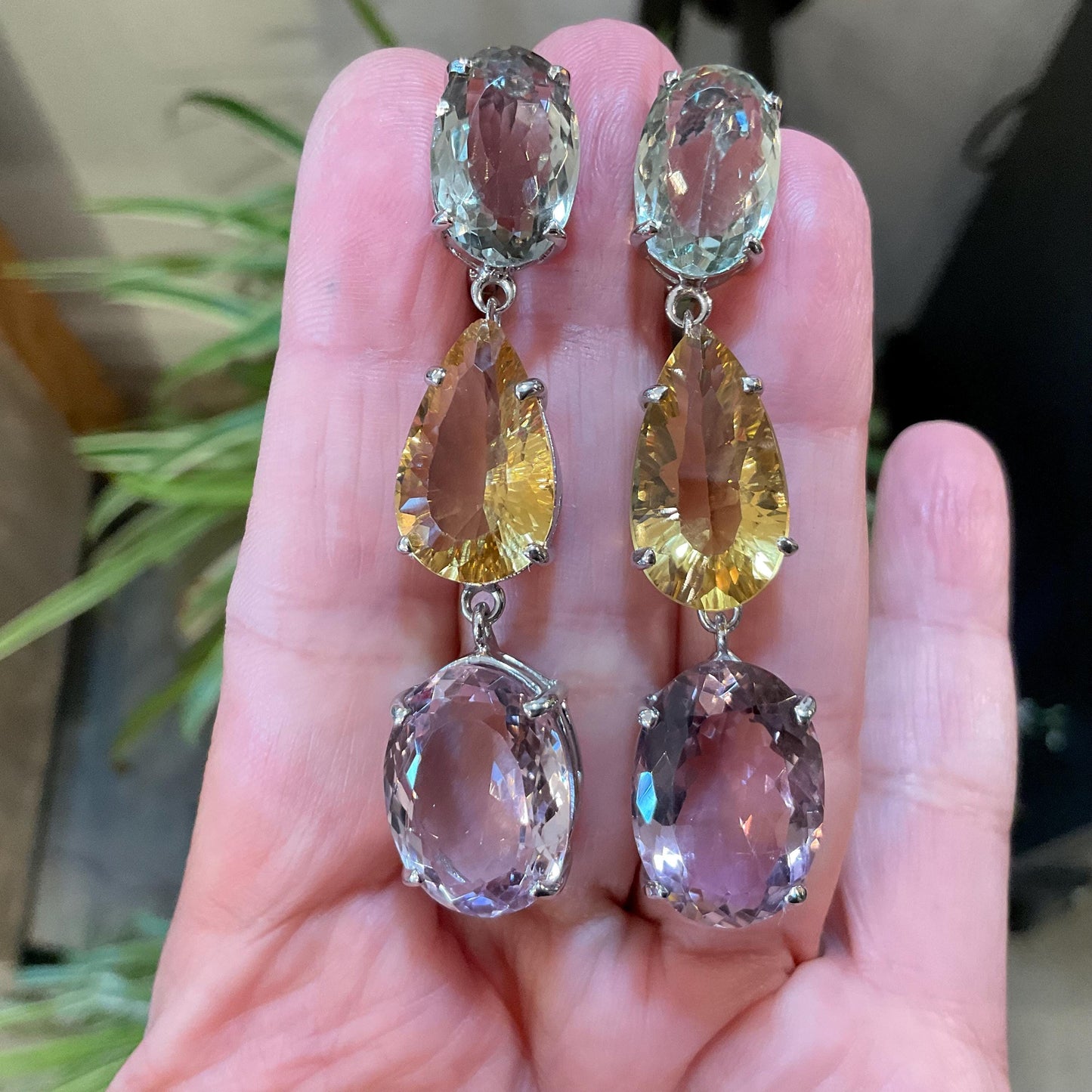 Sterling silver Ametrine citrine green amethyst dangle fancy earrings
