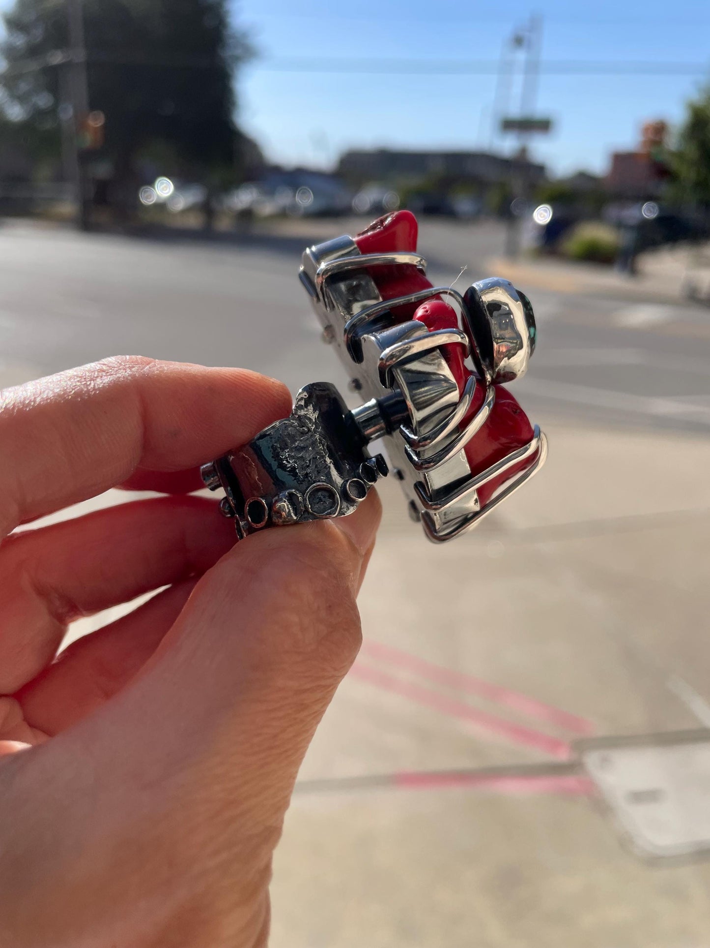 Sterling massive red coral branch turquoise brutalist huge cuff ring