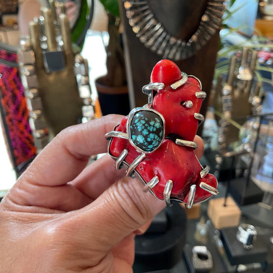 Sterling Statement red coral branch turquoise brutalist huge adjustable cuff ring