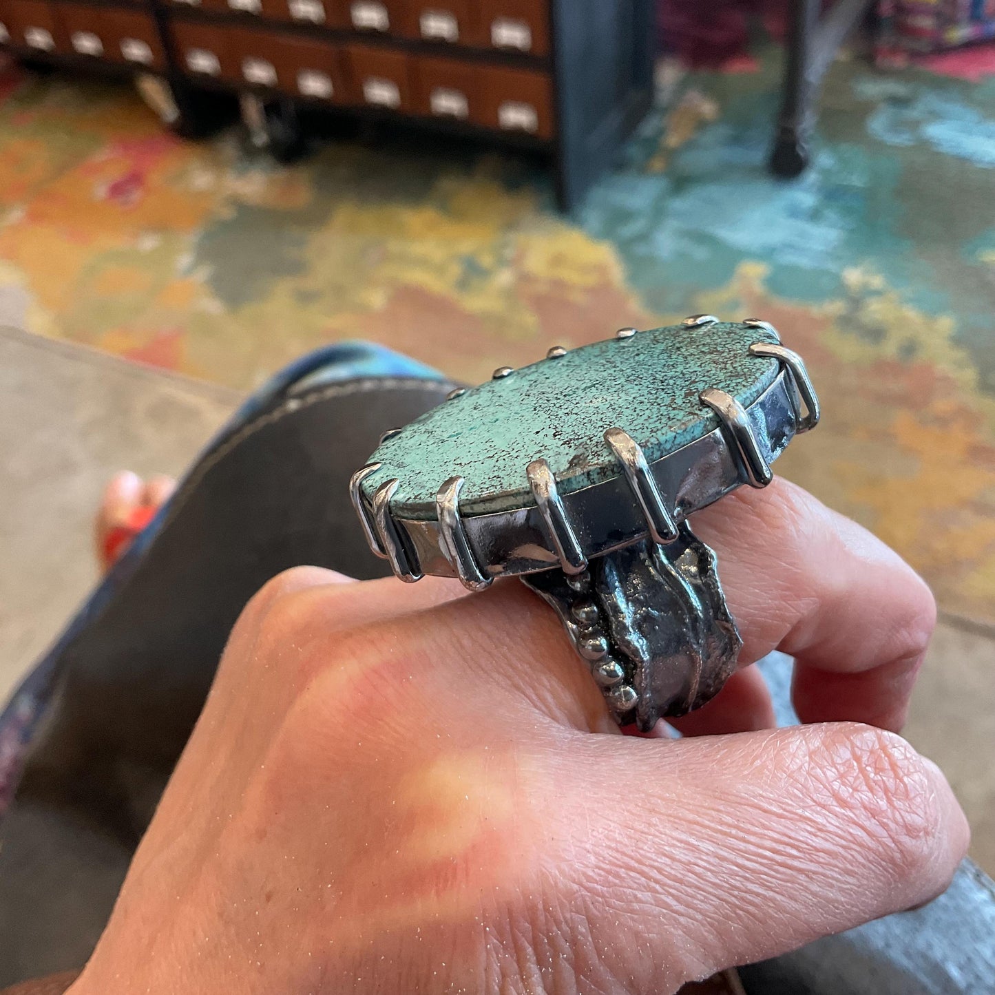 Sterling Statement turquoise huge adjustable brutalist art cuff ring