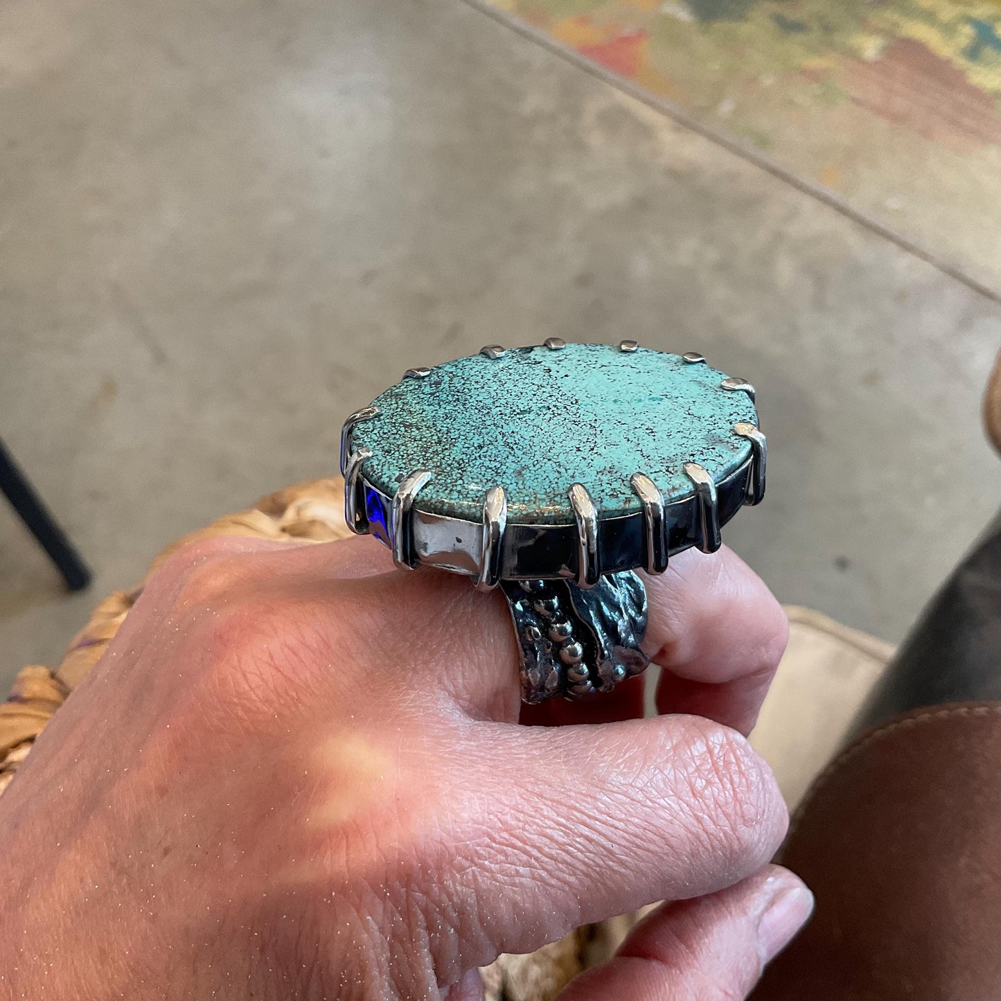 Sterling Statement turquoise huge adjustable brutalist art cuff ring