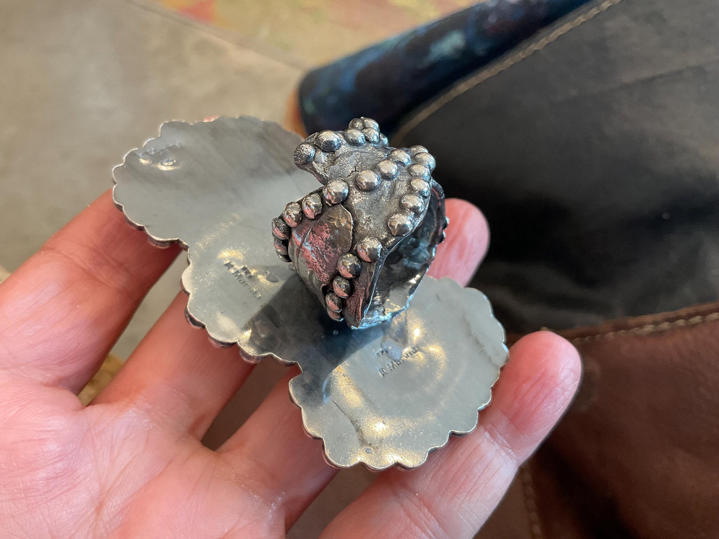 sterling silver huge brutalist butterscotch Baltic amber egg yolk cuff ring 7.5-10