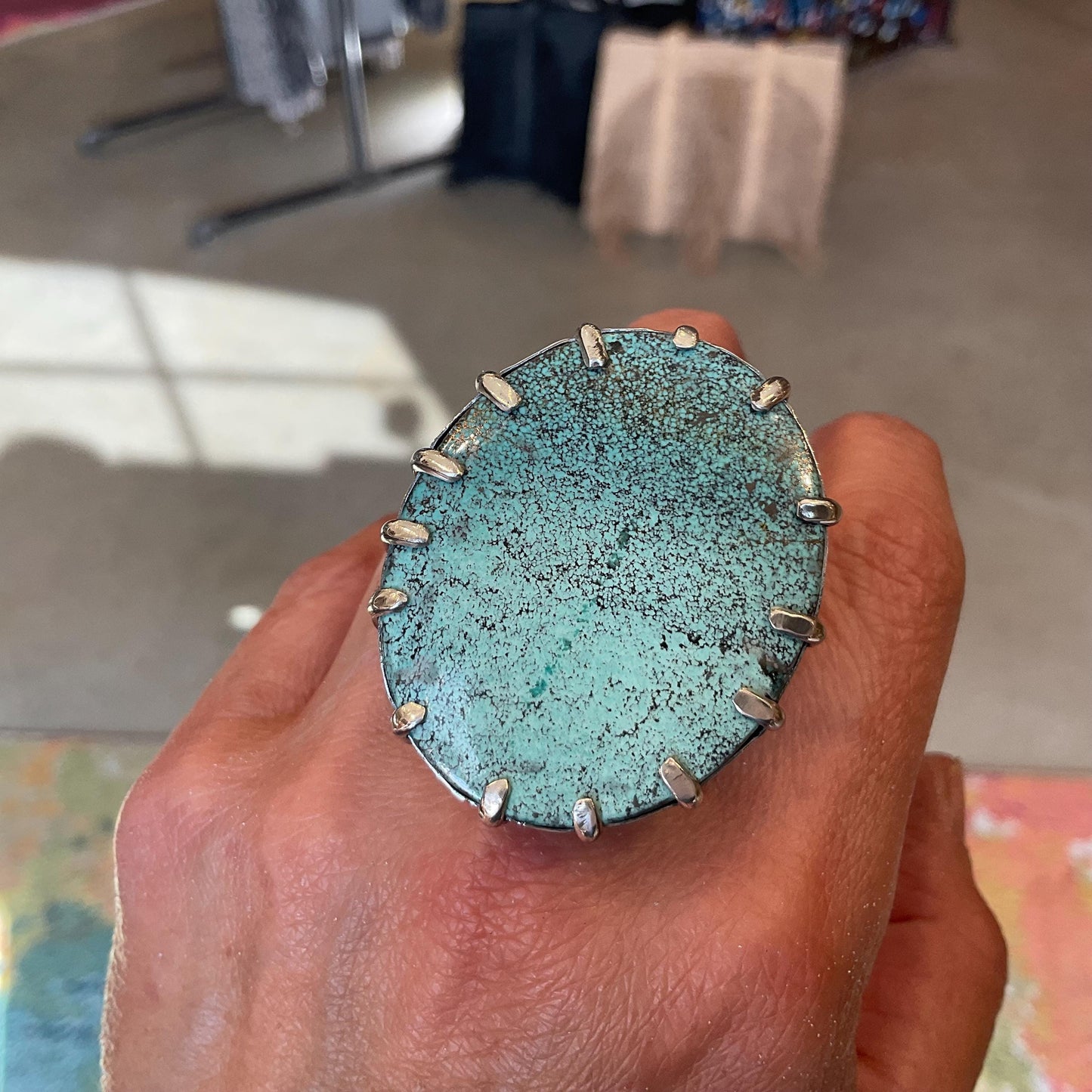 Sterling Statement turquoise huge adjustable brutalist art cuff ring