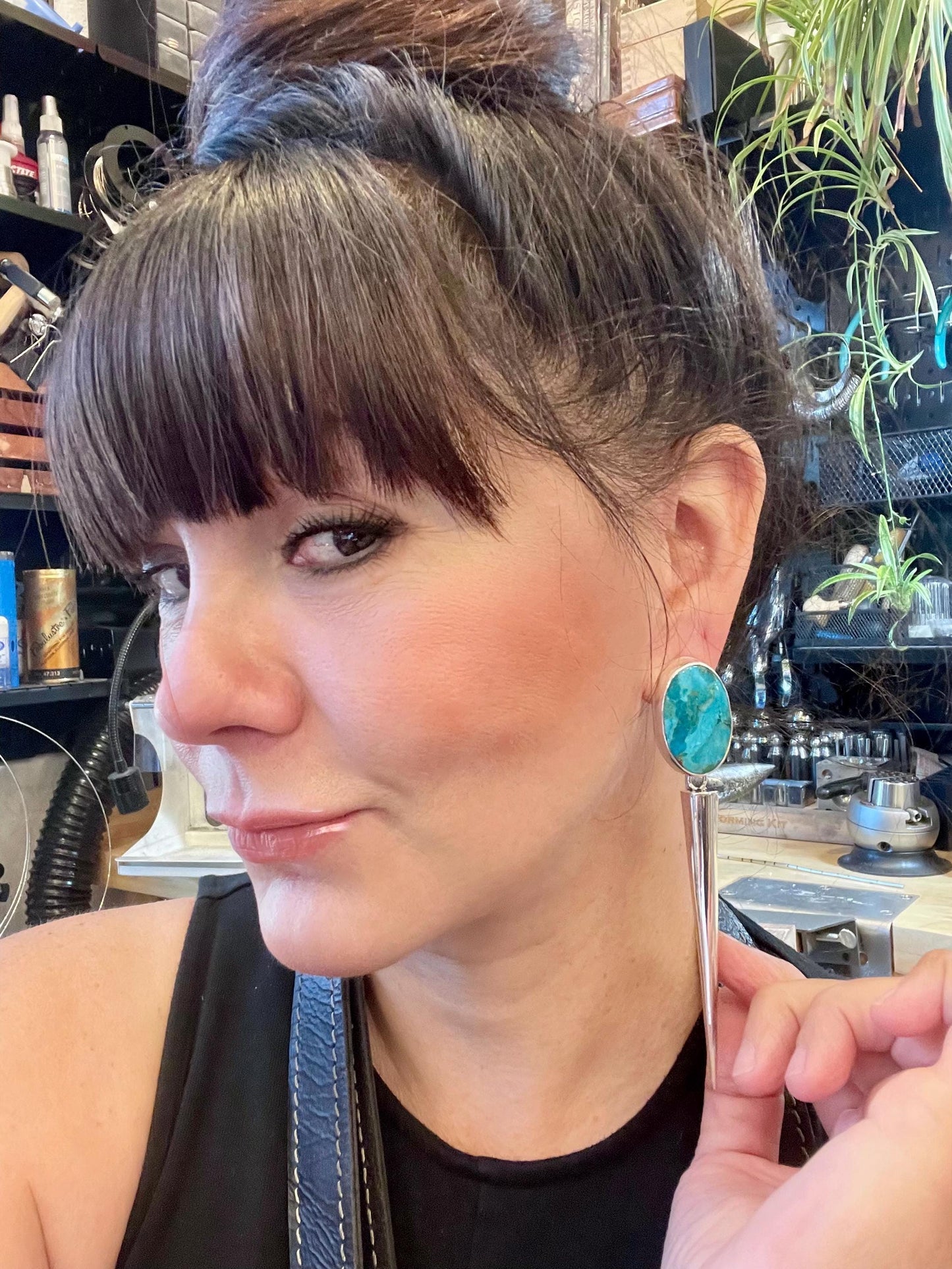 Sterling Silver large kingman turquoise long dangle spike earrings 4.5” long