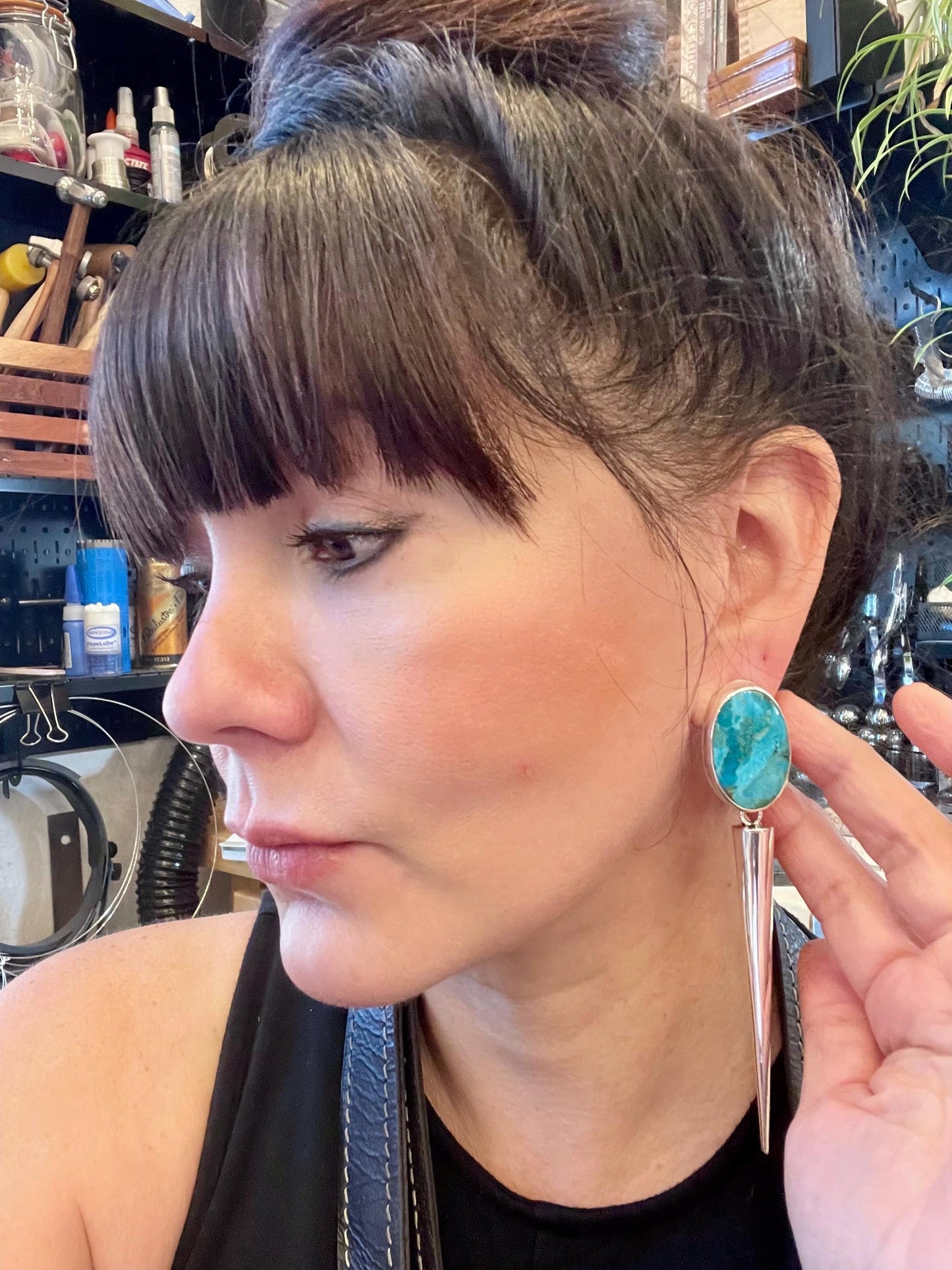 Sterling Silver large kingman turquoise long dangle spike earrings 4.5” long