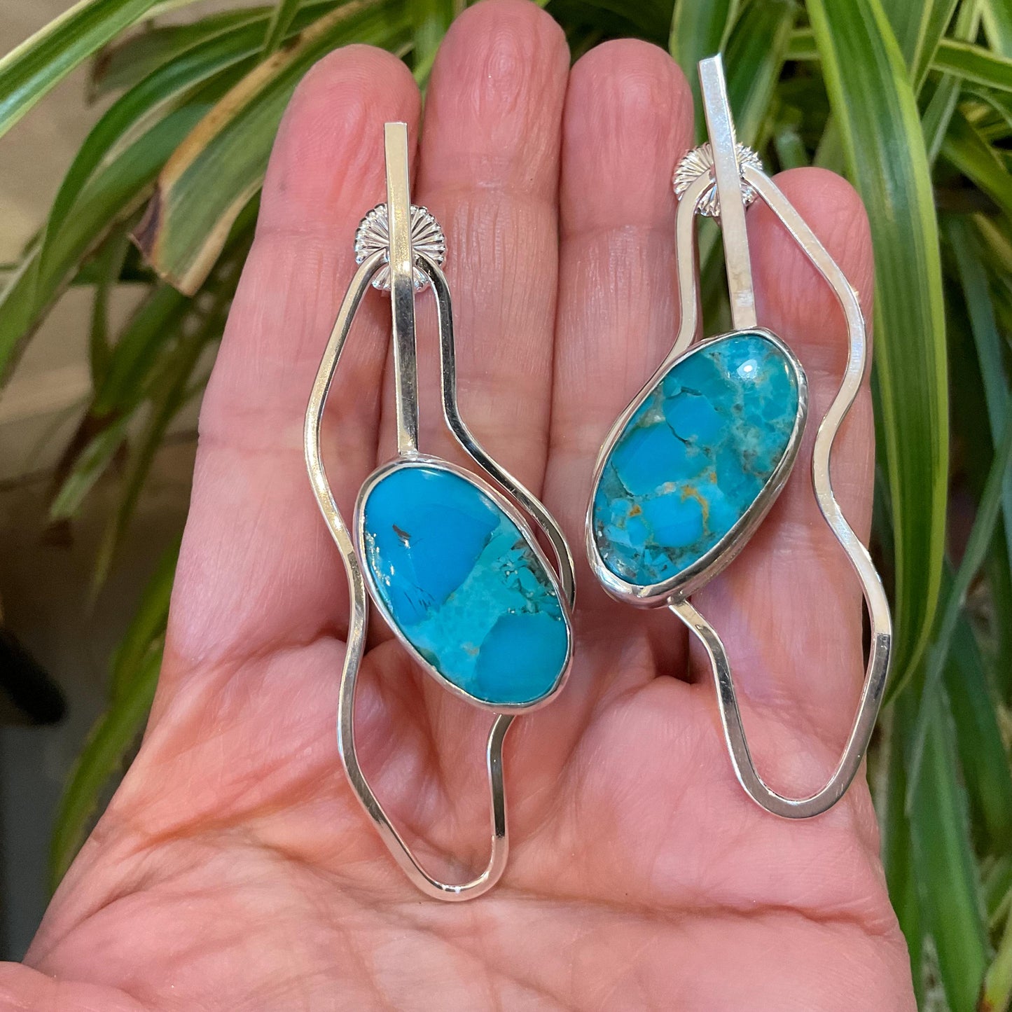 Sterling Silver large kingman turquoise modernist post  earrings 3”