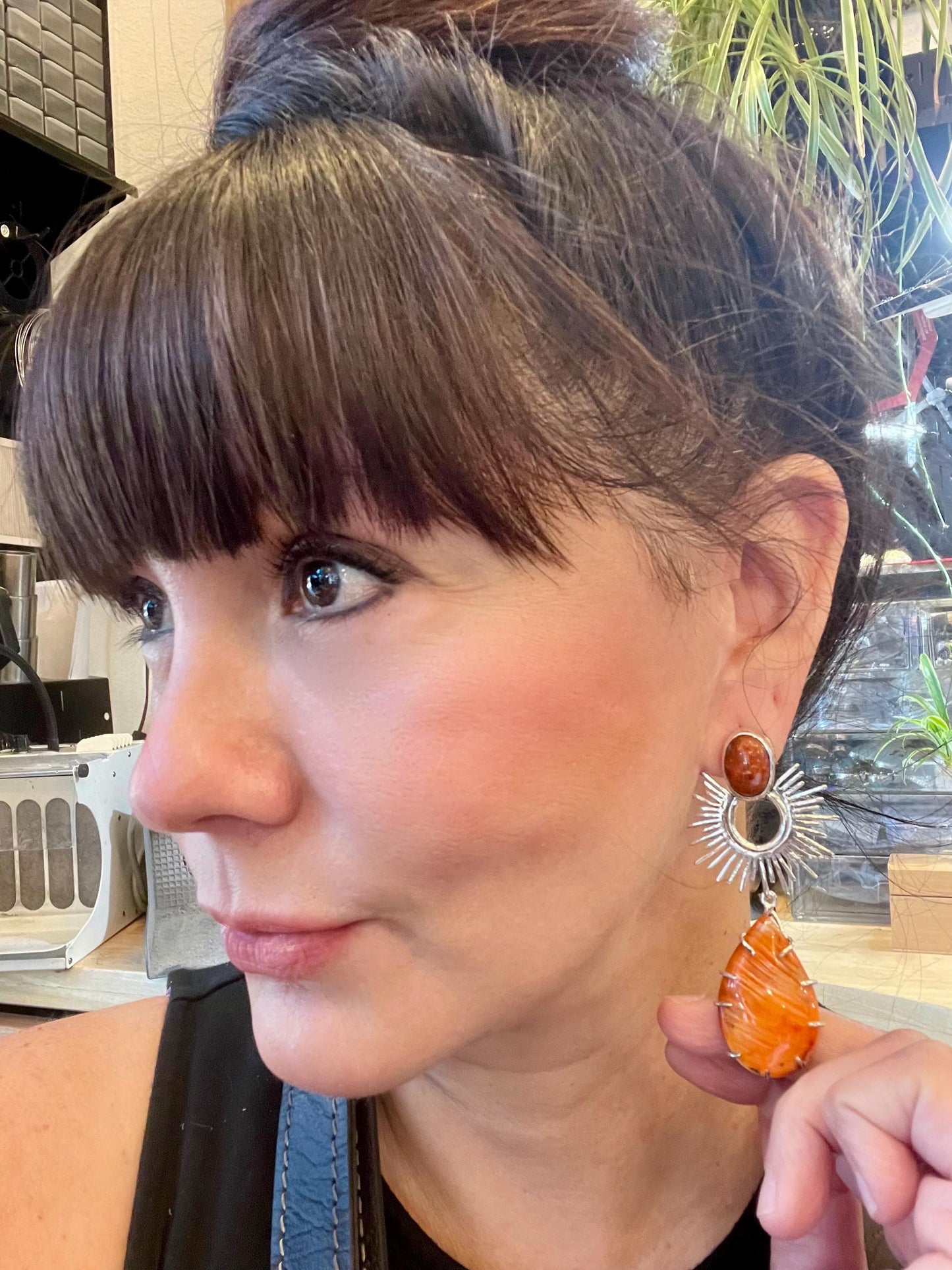 Sterling Silver large orange spiny oyster coral sunburst dangle earrings 3”