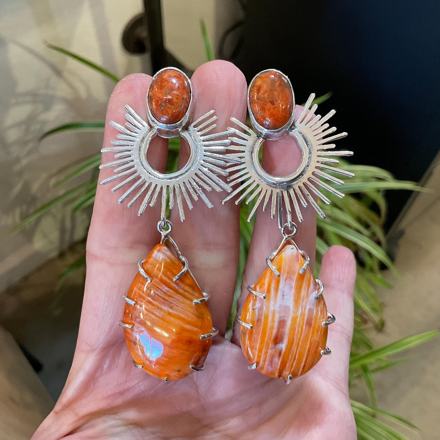 Sterling Silver large orange spiny oyster coral sunburst dangle earrings 3”
