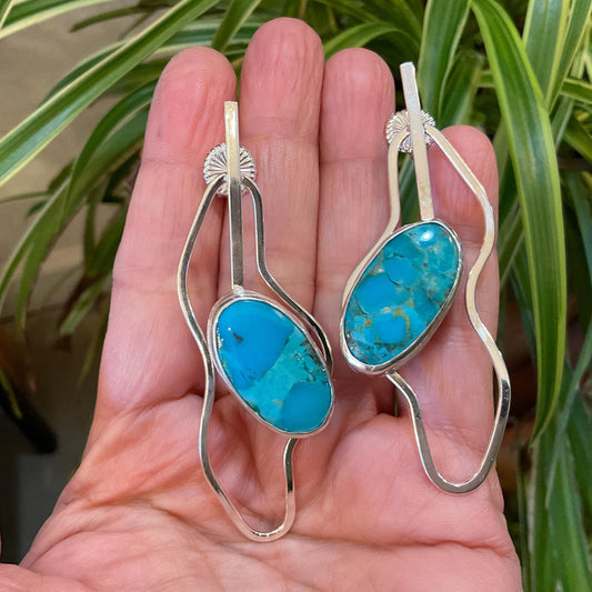 Sterling Silver large kingman turquoise modernist post  earrings 3”