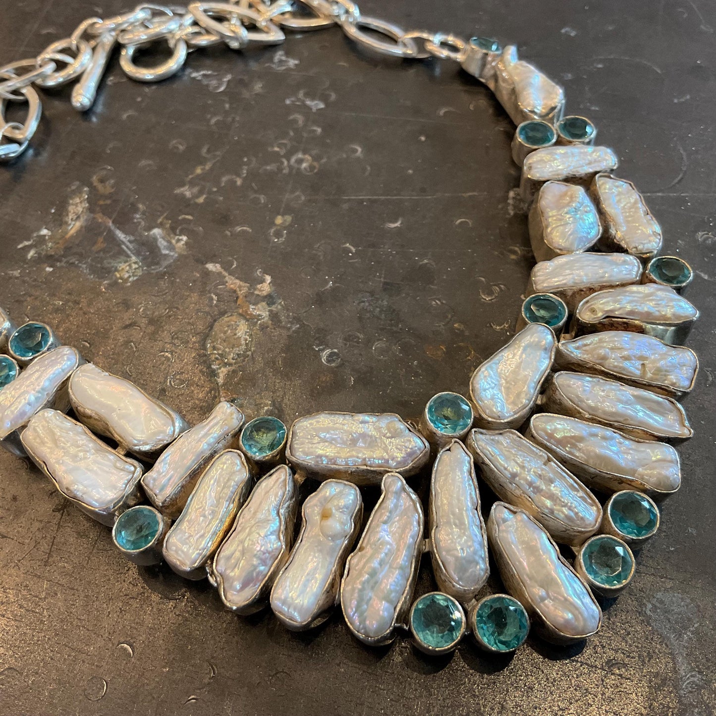 sterling silver Natural biwa Pearl vintage Statement necklace