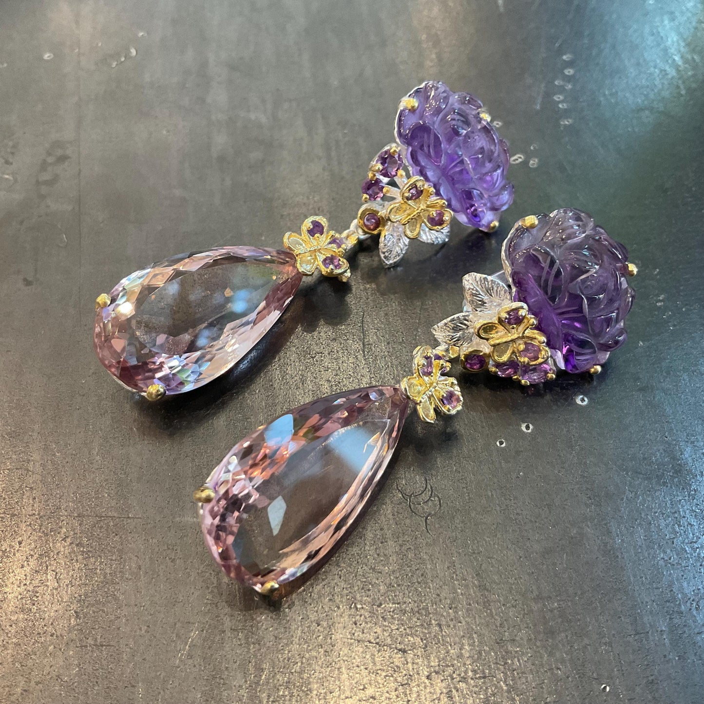 Sterling silver Ametrine pear shape carved flower large dangle butterfly earrings