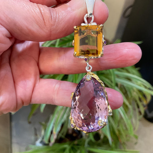 sterling silver Ametrine citrine large pear shape pendant