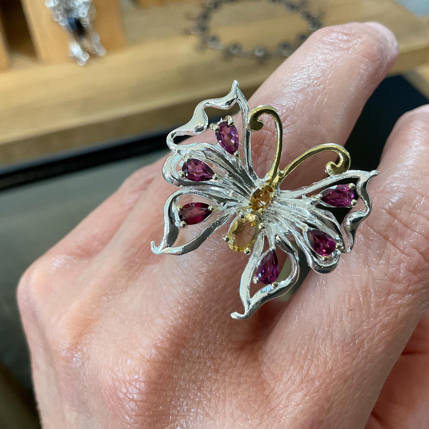 Sterling silver rhodolite citrine butterfly ring 7.5