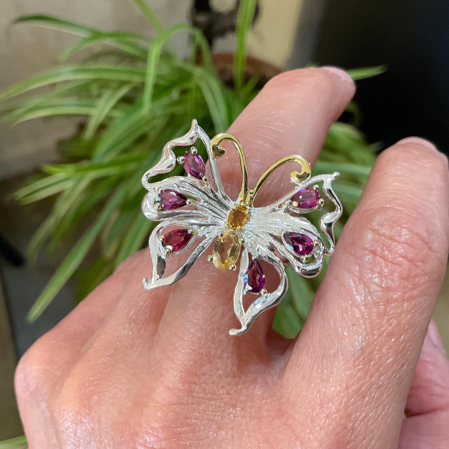 Sterling silver rhodolite citrine butterfly ring 7.5