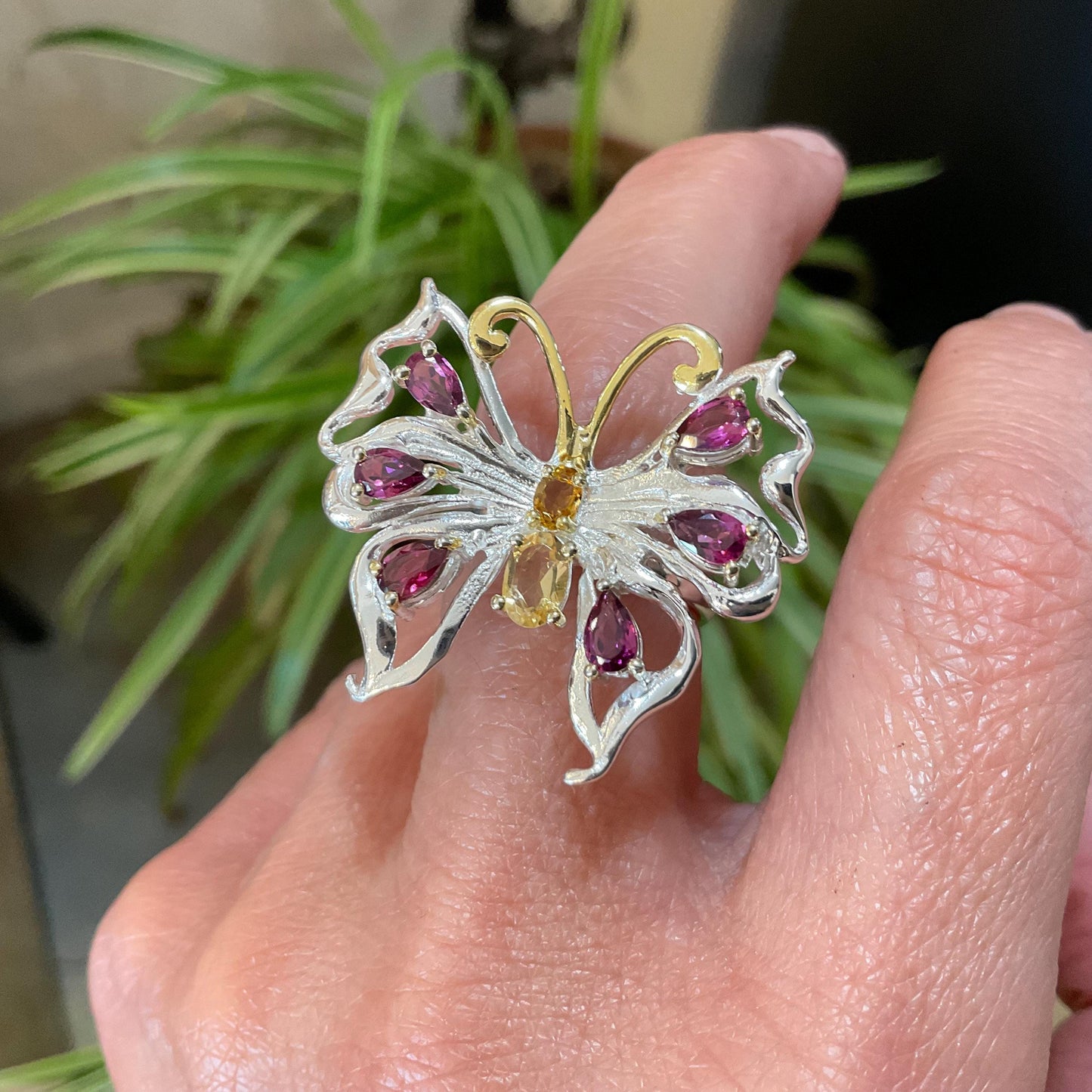 Sterling silver rhodolite citrine butterfly ring 7.5