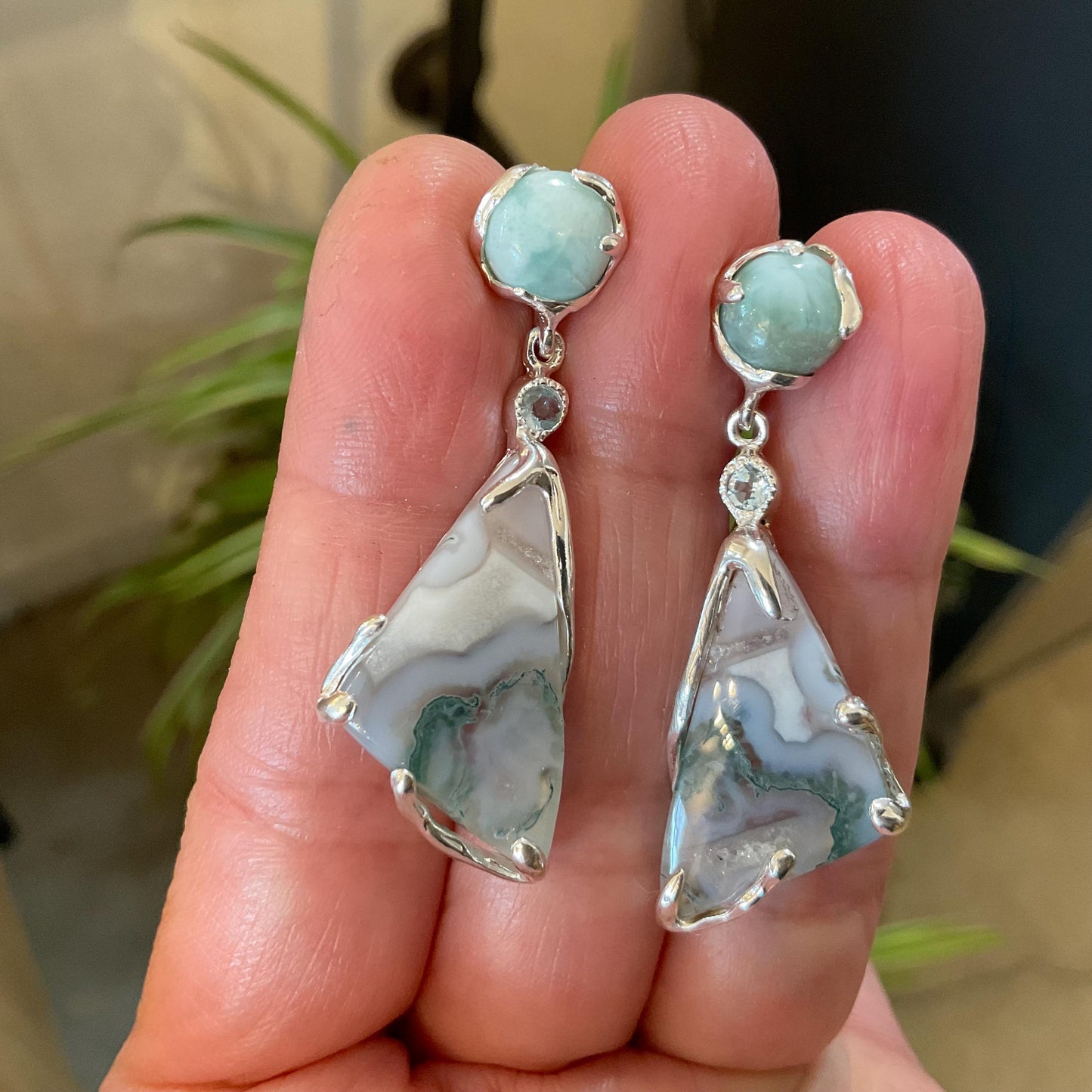 Dominican blue Larimar moss agate post dangle  Earrings